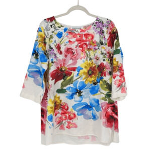 Caroline Rose Womens Linen Tunic Top Size S Floral Colorful Art to wear Boho